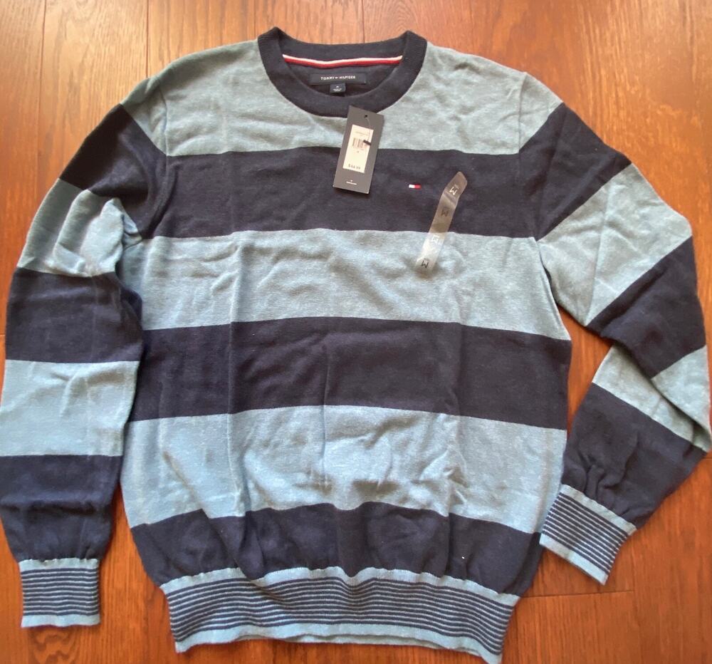 NWT Tommy Hilfiger Sweater Mens Blue Navy Striped Pullover Sweatshirt M MRSP $65